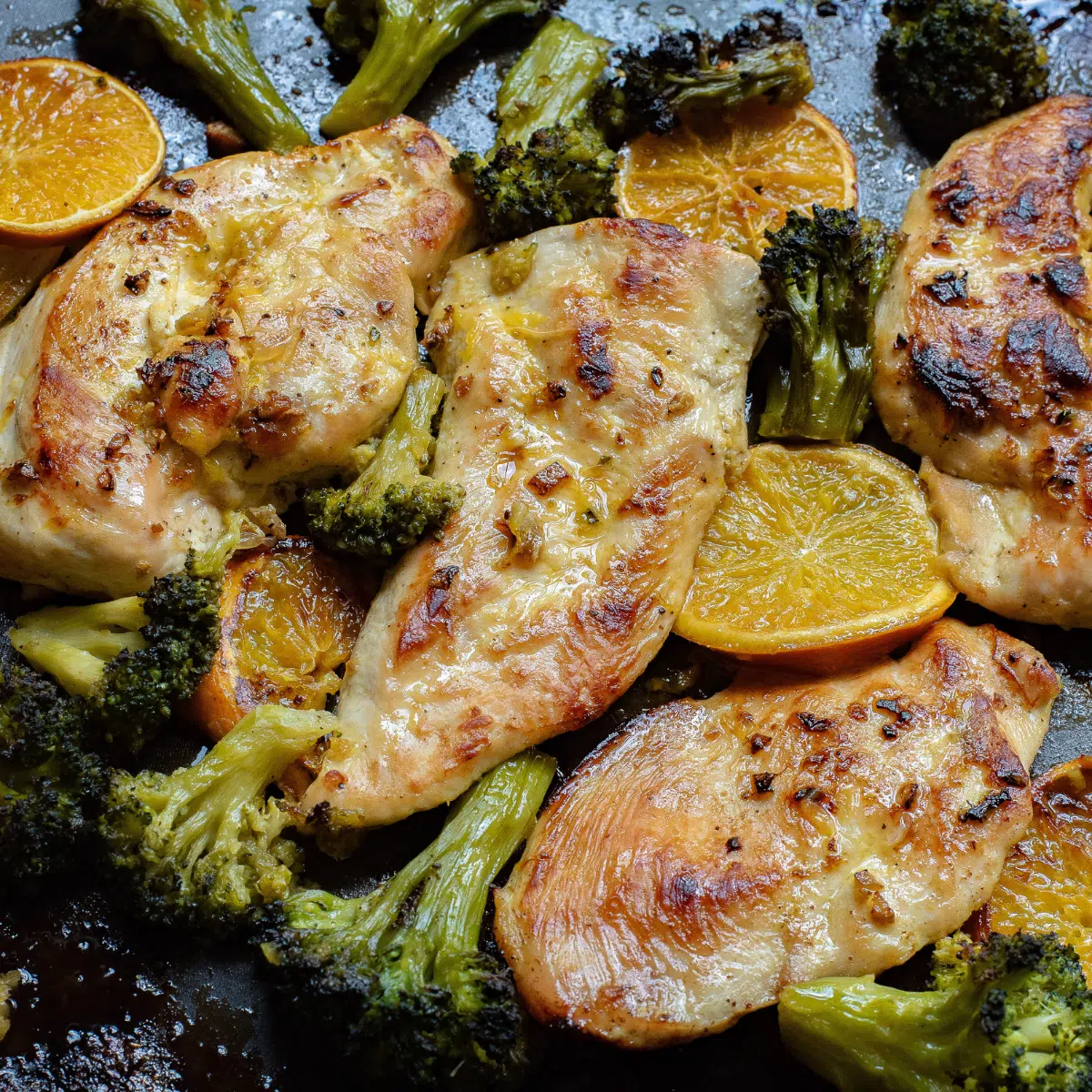 Sheet Pan Chicken with Broccoli and Sliced Oranges
