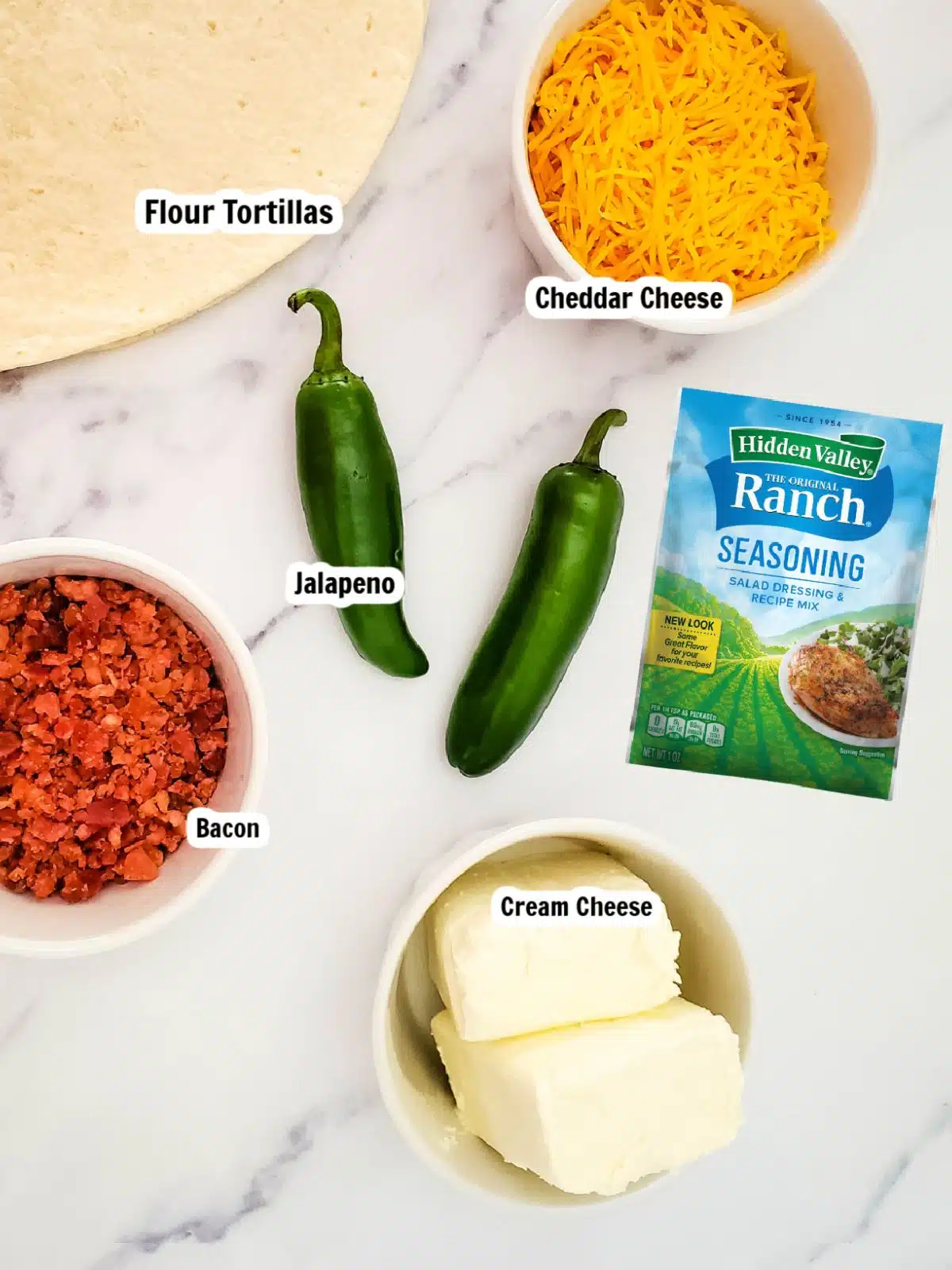 ingredients for cream cheese tortilla rollups with Hidden Valley Ranch Dressing.