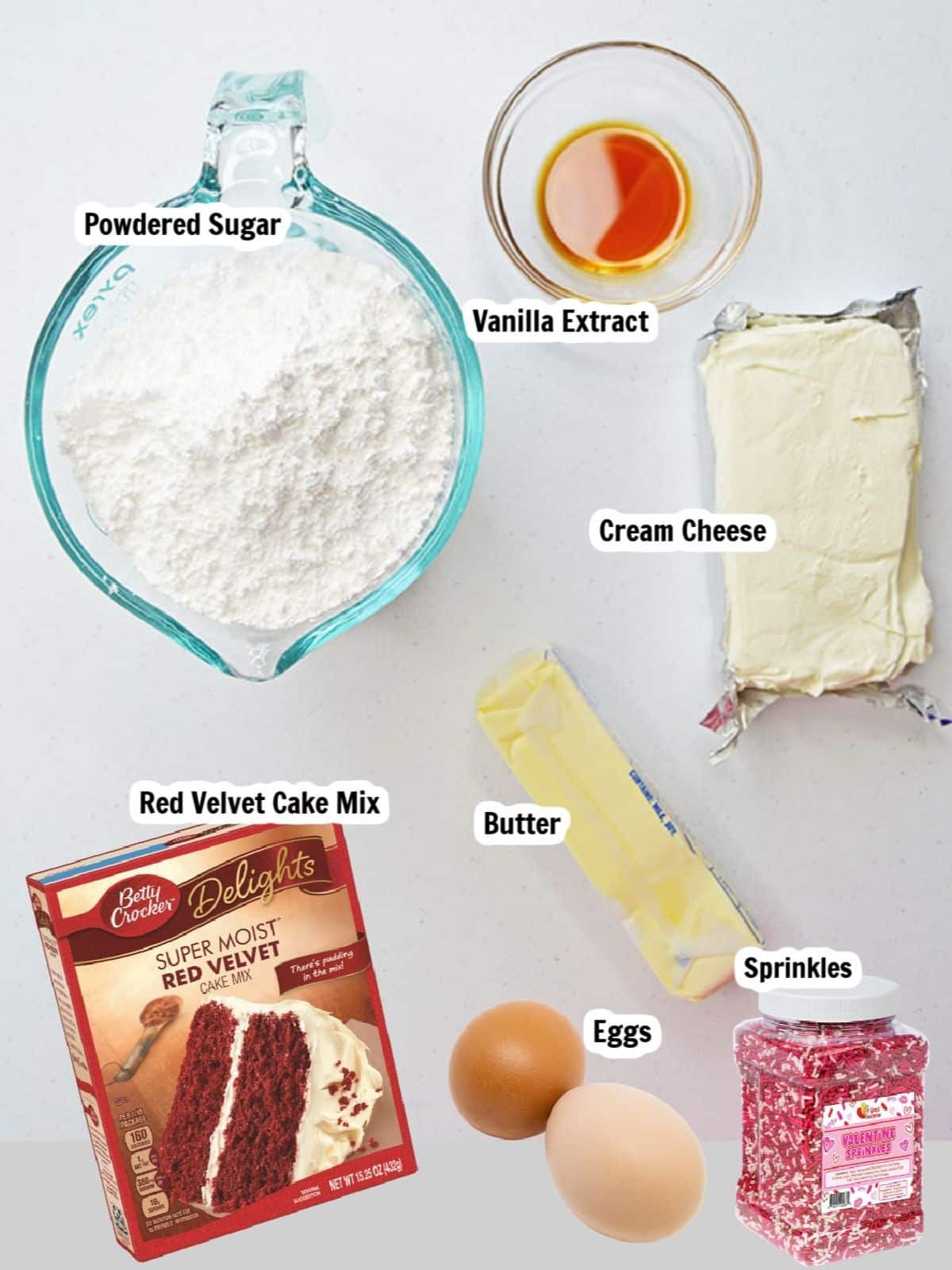 Ingredients for red velvet cake mix cookies cream cheese.