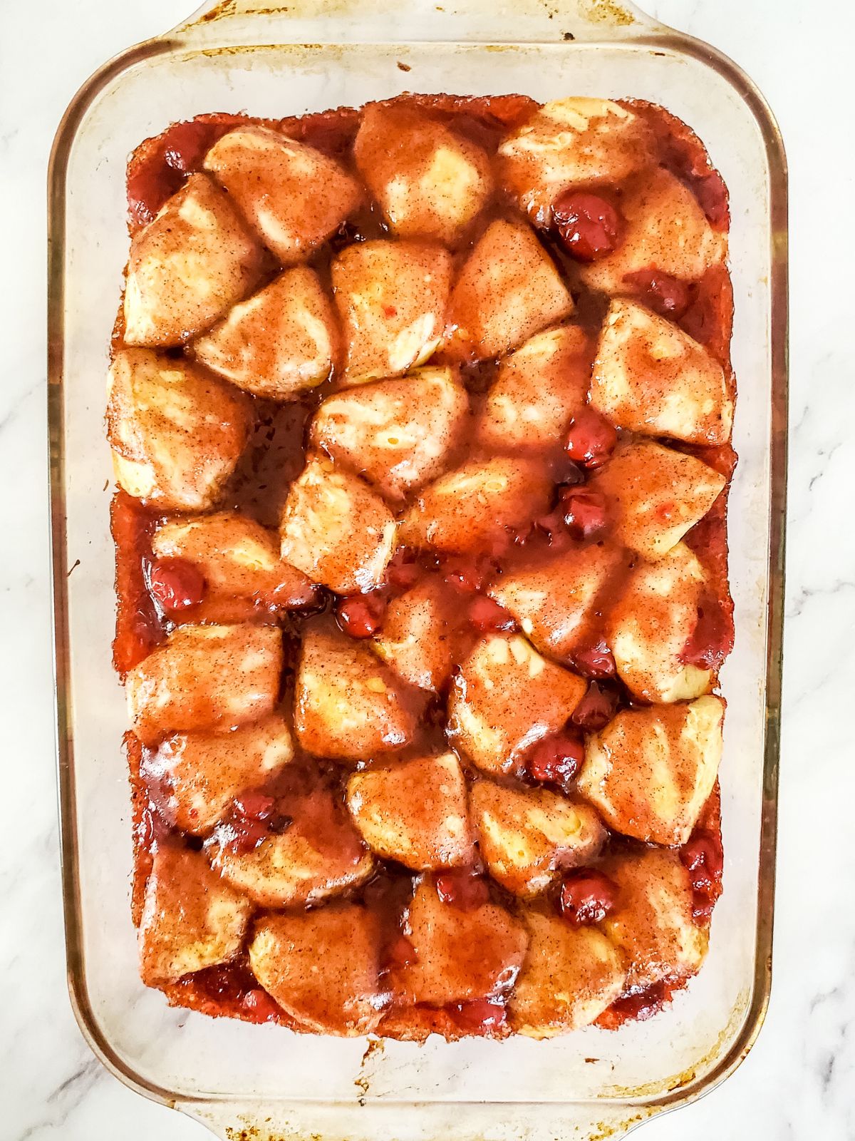 cherry pie bubble up dessert baked in casserole dish.