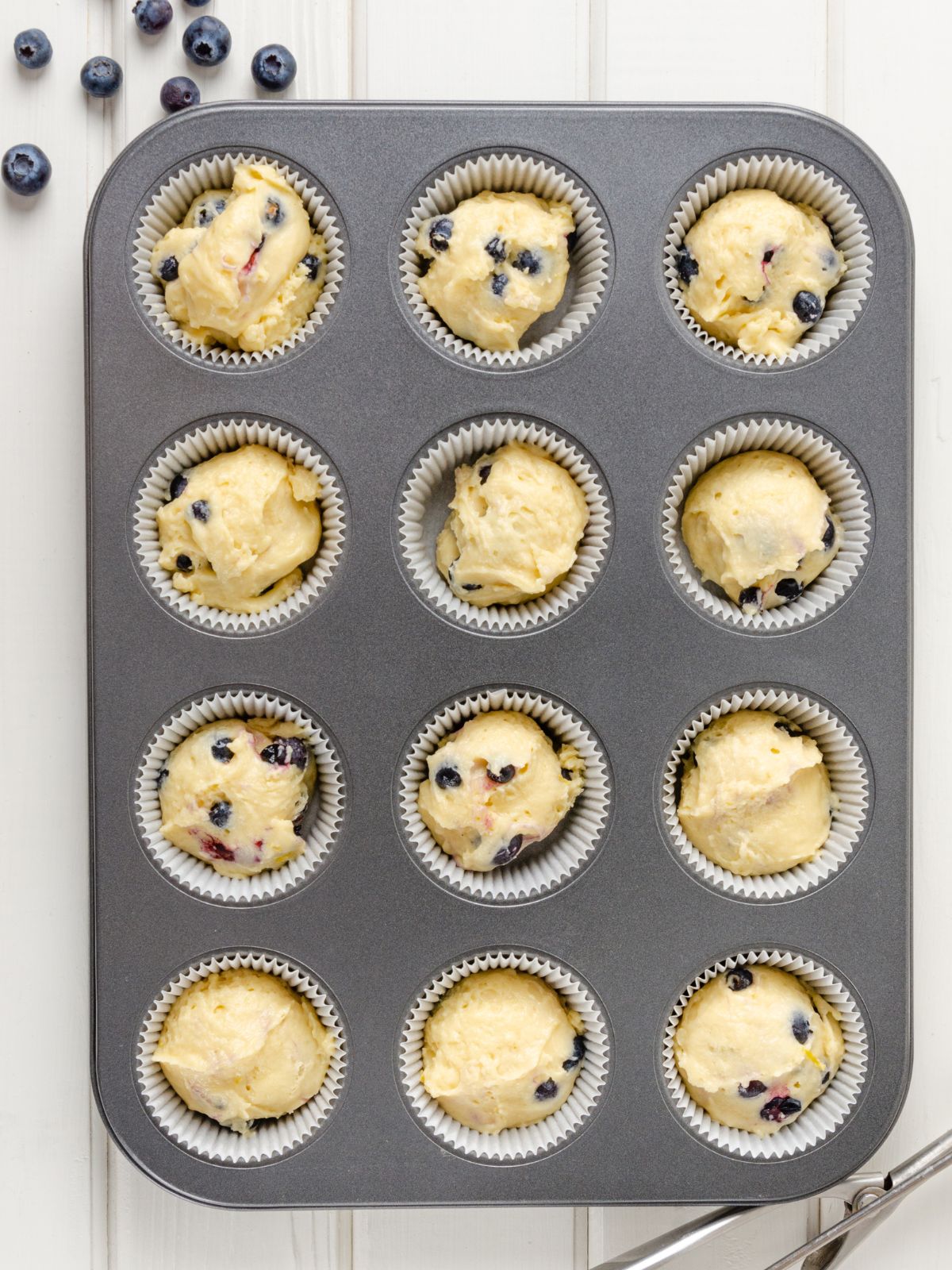 blueberry muffins in pan.