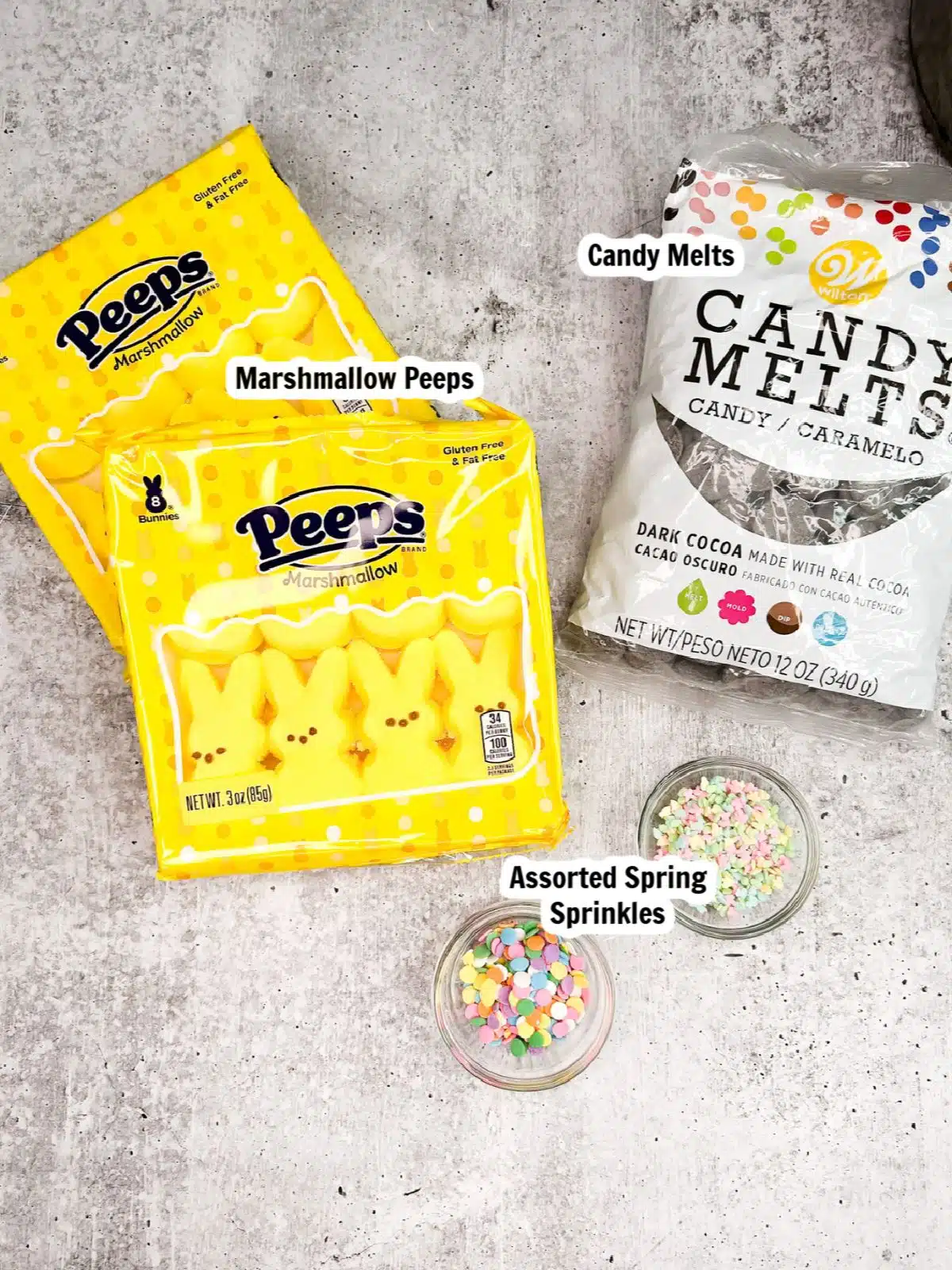 ingredients marshmallow Peeps, assorted sprinkles, candy melts.