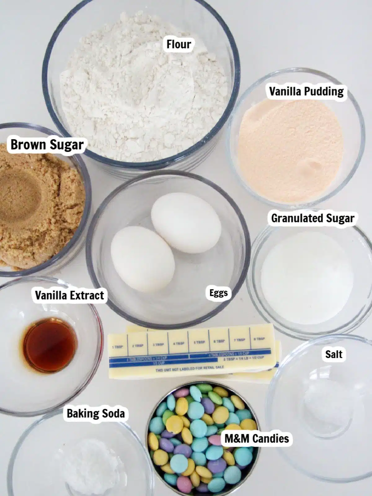 Ingredients for Easter cookies made with pastel colored M&M candies.