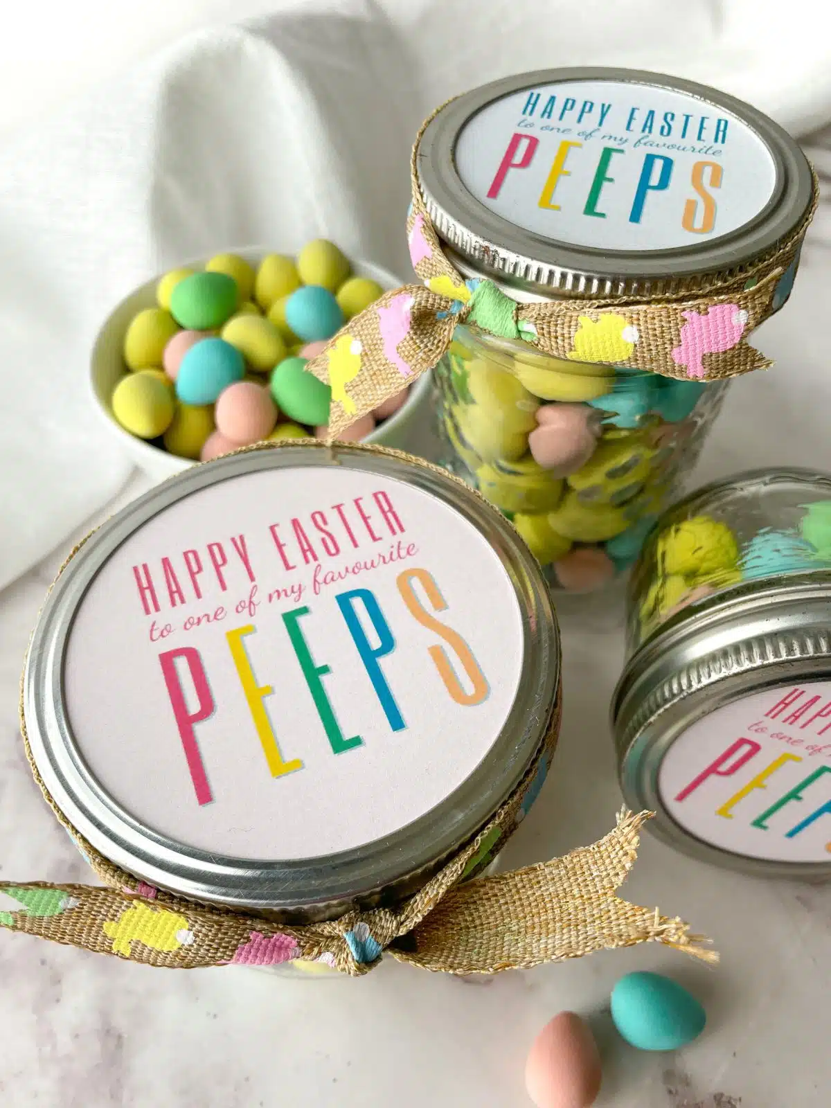 Easter candy in mason jar with printable labels.