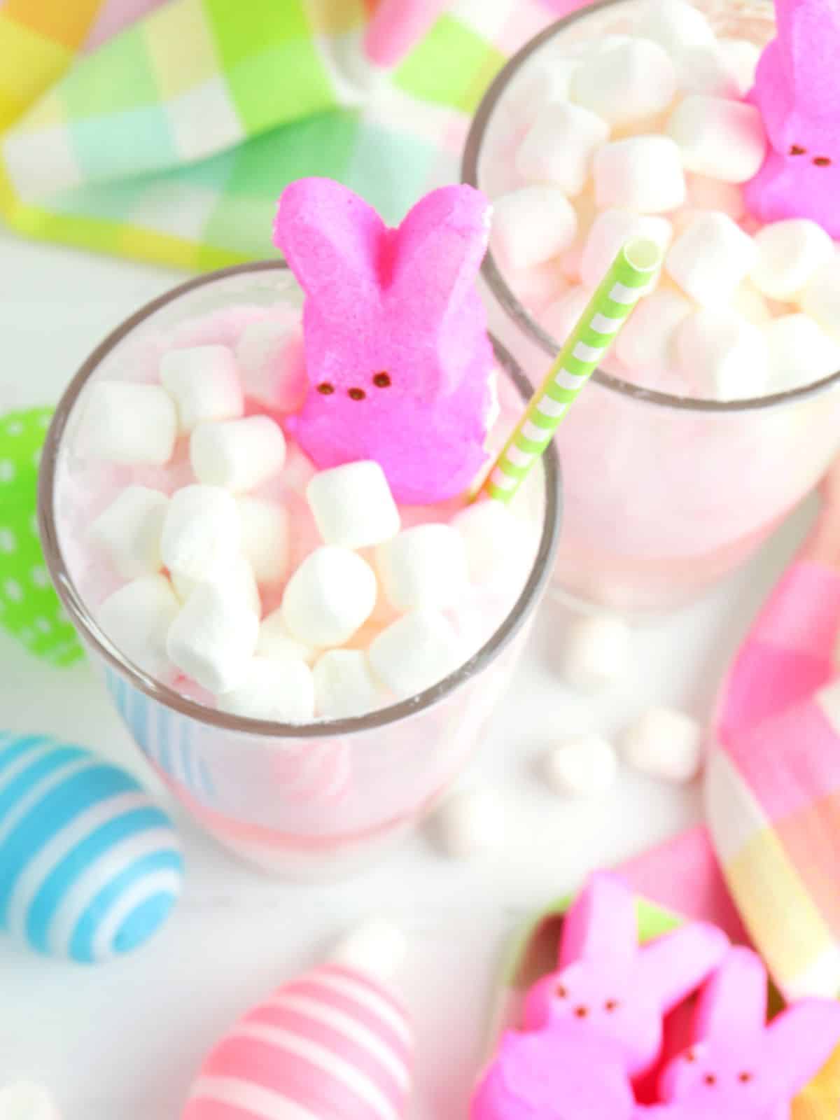 strawberry punch with marshmallow peeps and marshmallows.