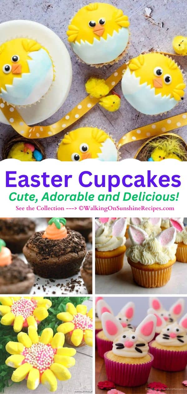 A collection of cupcakes decorated for Easter,