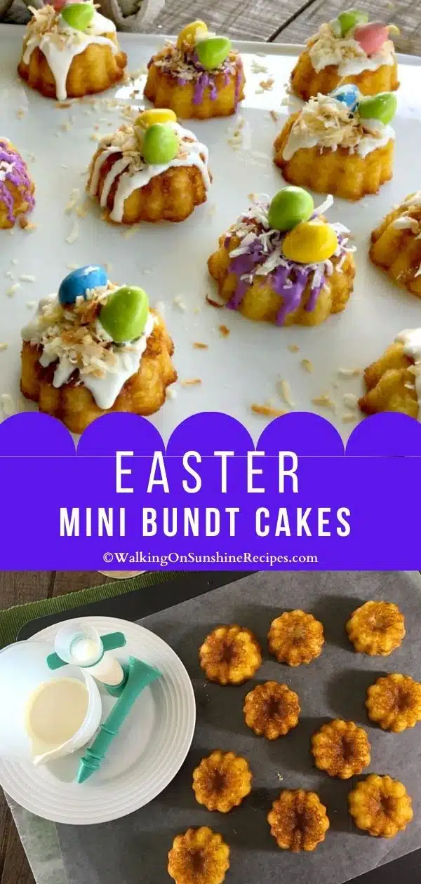 Easter Mini Bundt Cakes with candy M&Ms.