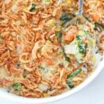 vegetable casserole in serving dish with spoon.