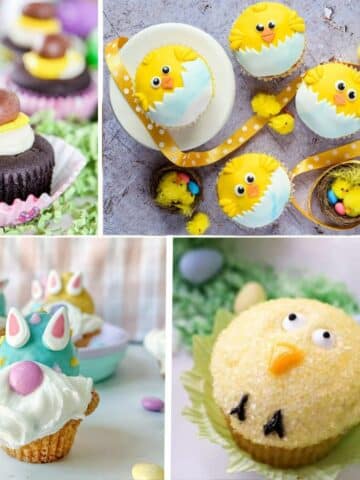 four different cute cupcakes decorated for Easter.