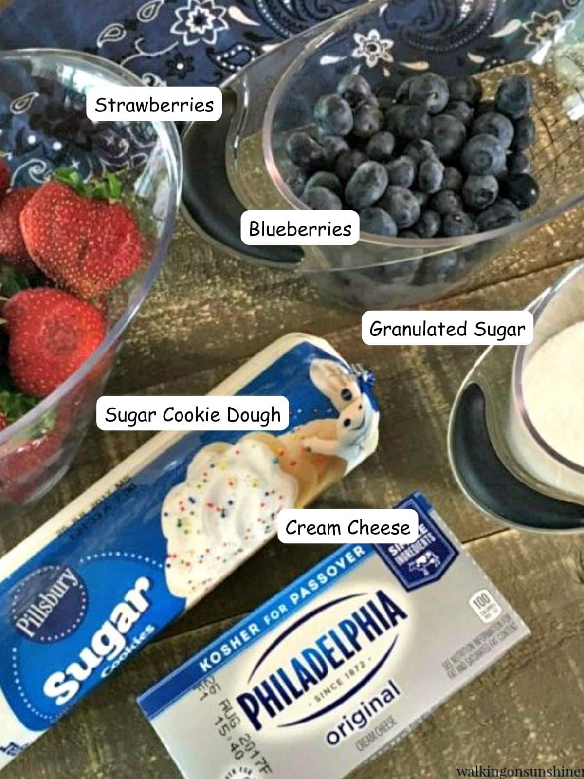 sugar cookie dough, cream cheese and fruit ingredients.