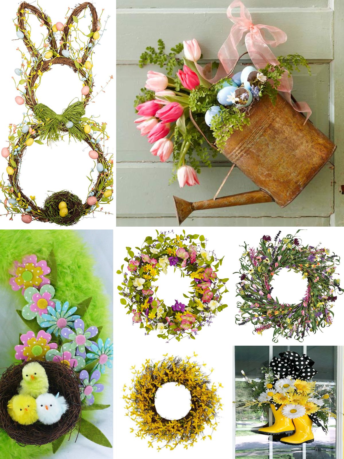a collection of pretty wreaths to hang on your front door for spring.