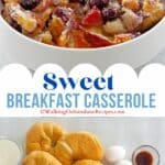 Breakfast casserole with croisants, strawberries, blueberries, cream cheese and eggs.