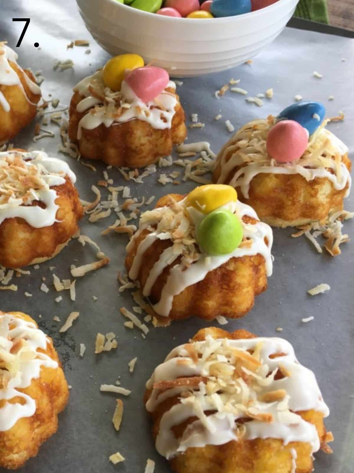 Add Easter pastel candies to the top of mini bundt cakes.