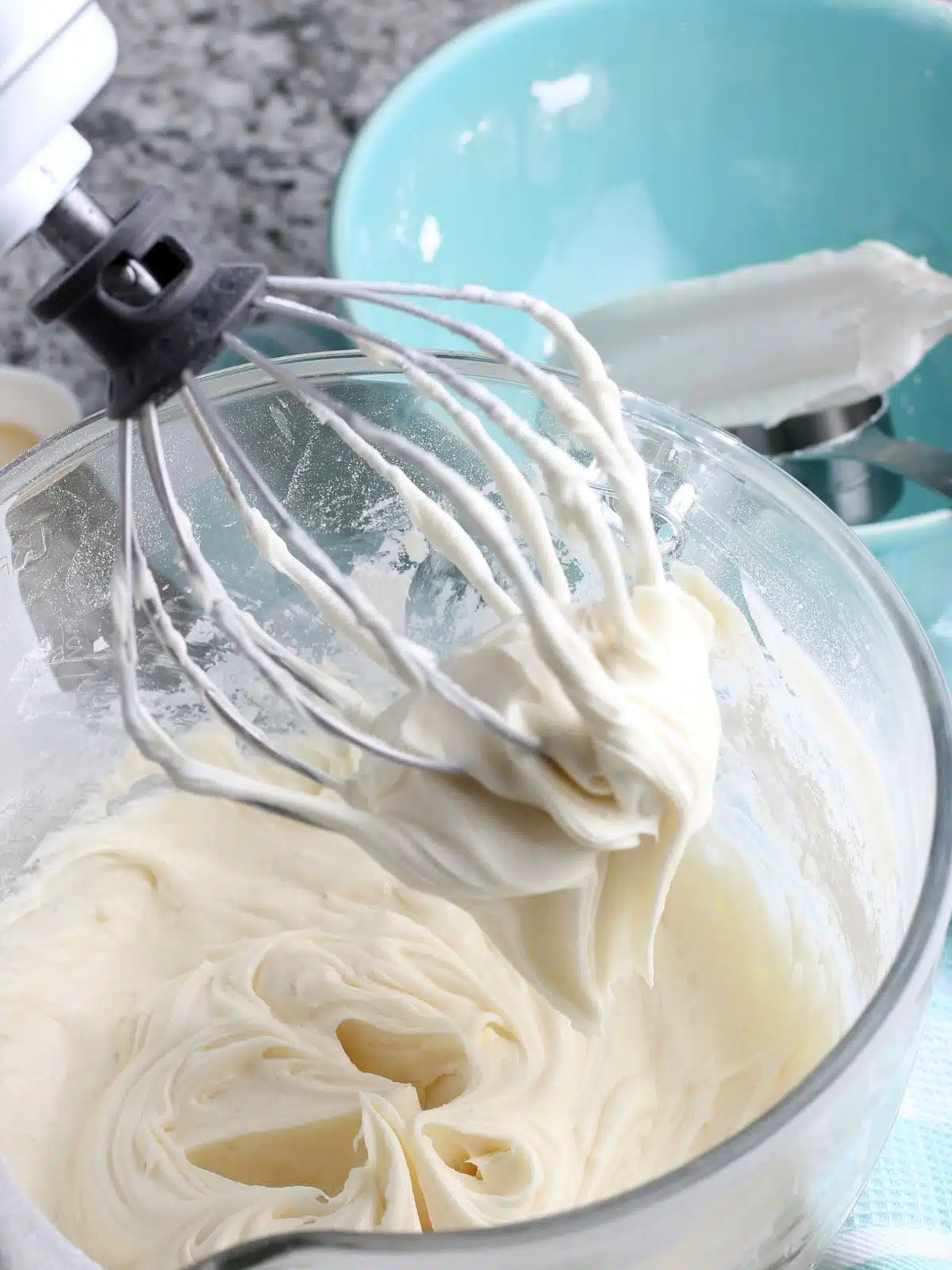 Cream cheese frosting in mixing bowl.
