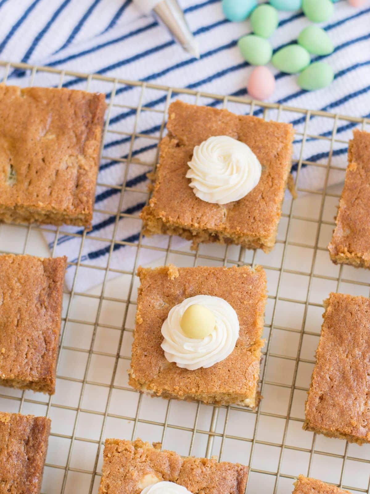 cookie bars sliced on wire baking rack.