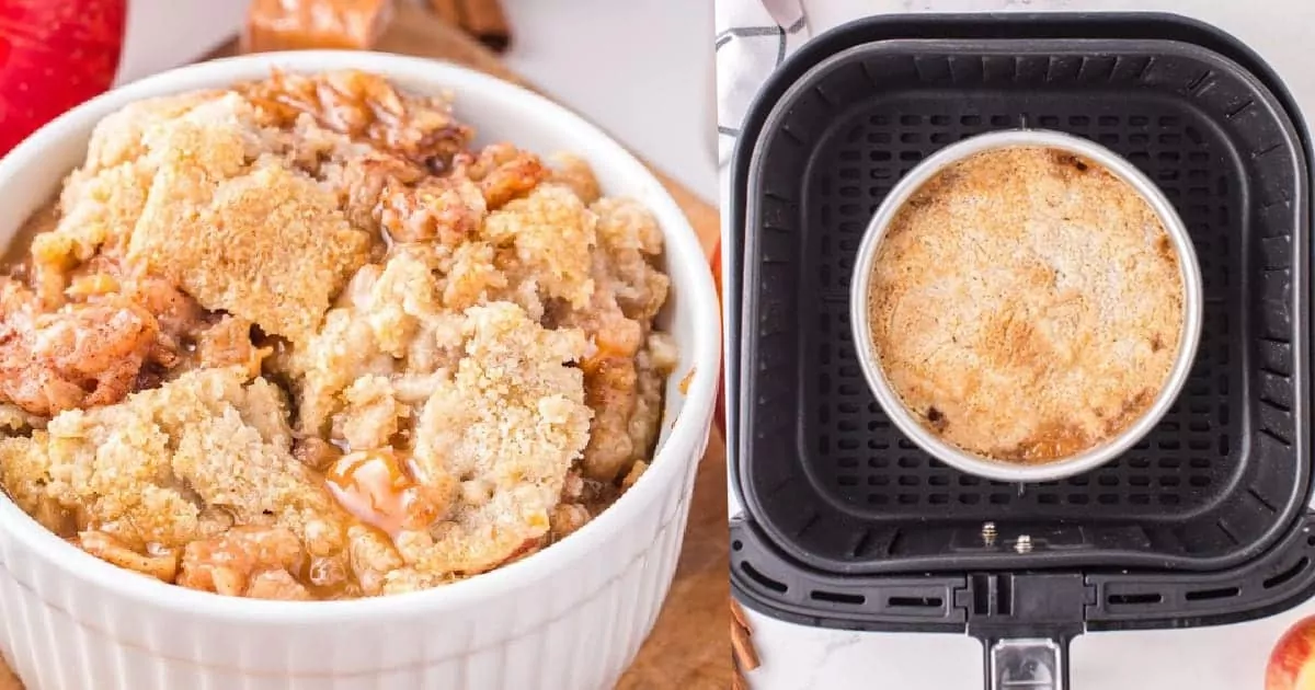 side by side photo of apple crumb cake baking in white bowl in air fryer.