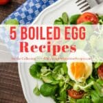 lettuce salad with tomatoes, hard boiled eggs on white plate.