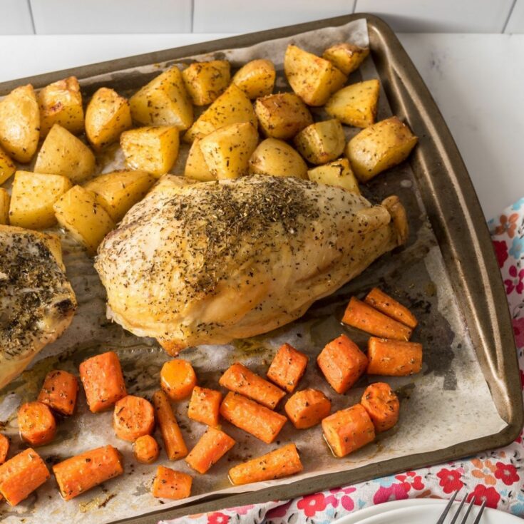 Sheet Pan Chicken Breasts, potatoes, and carrots
