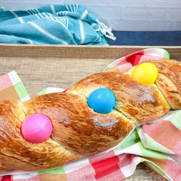 traditional Easter Bread with colored eggs.