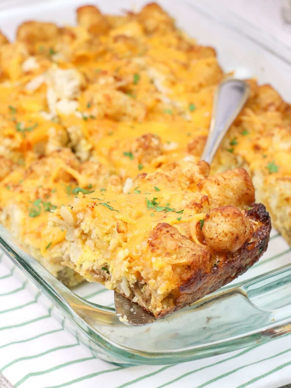 sliced piece of tater tot breakfast casserole.