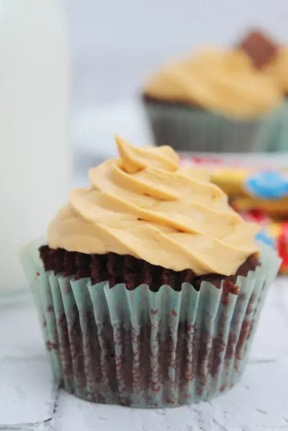 chocolate cupcake with Twix Candy flavored frosting.