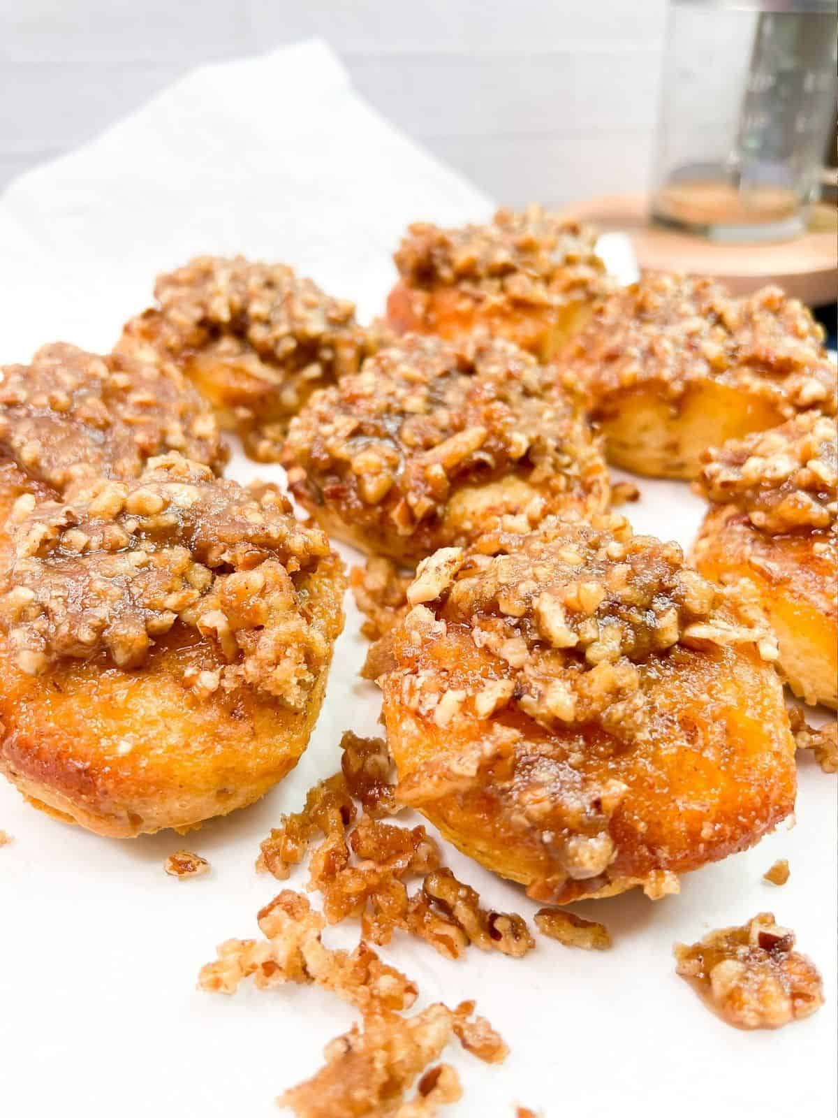 canned cinnamon rolls with pecan brown sugar topping.