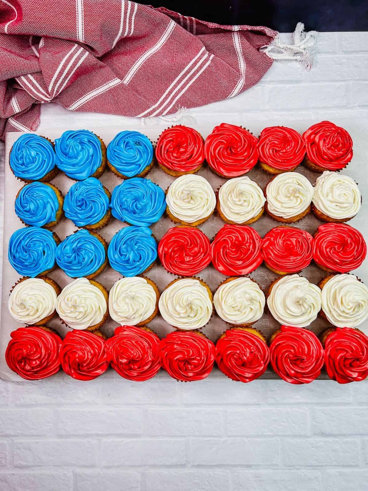 cupcakes frosted to look like an American flag.