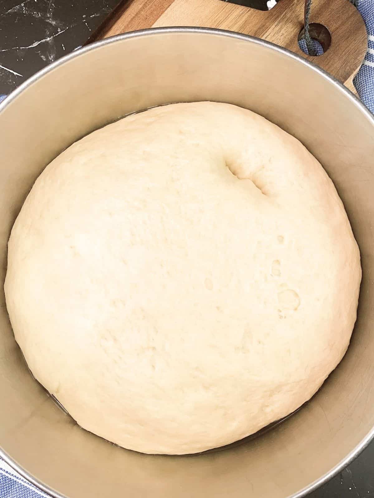 bread dough risen in bowl.
