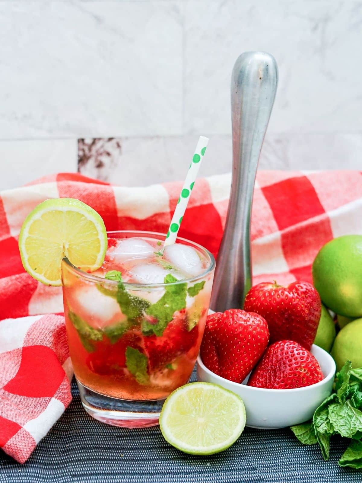 Strawberry sparkling water with lime juice and simple syrup.