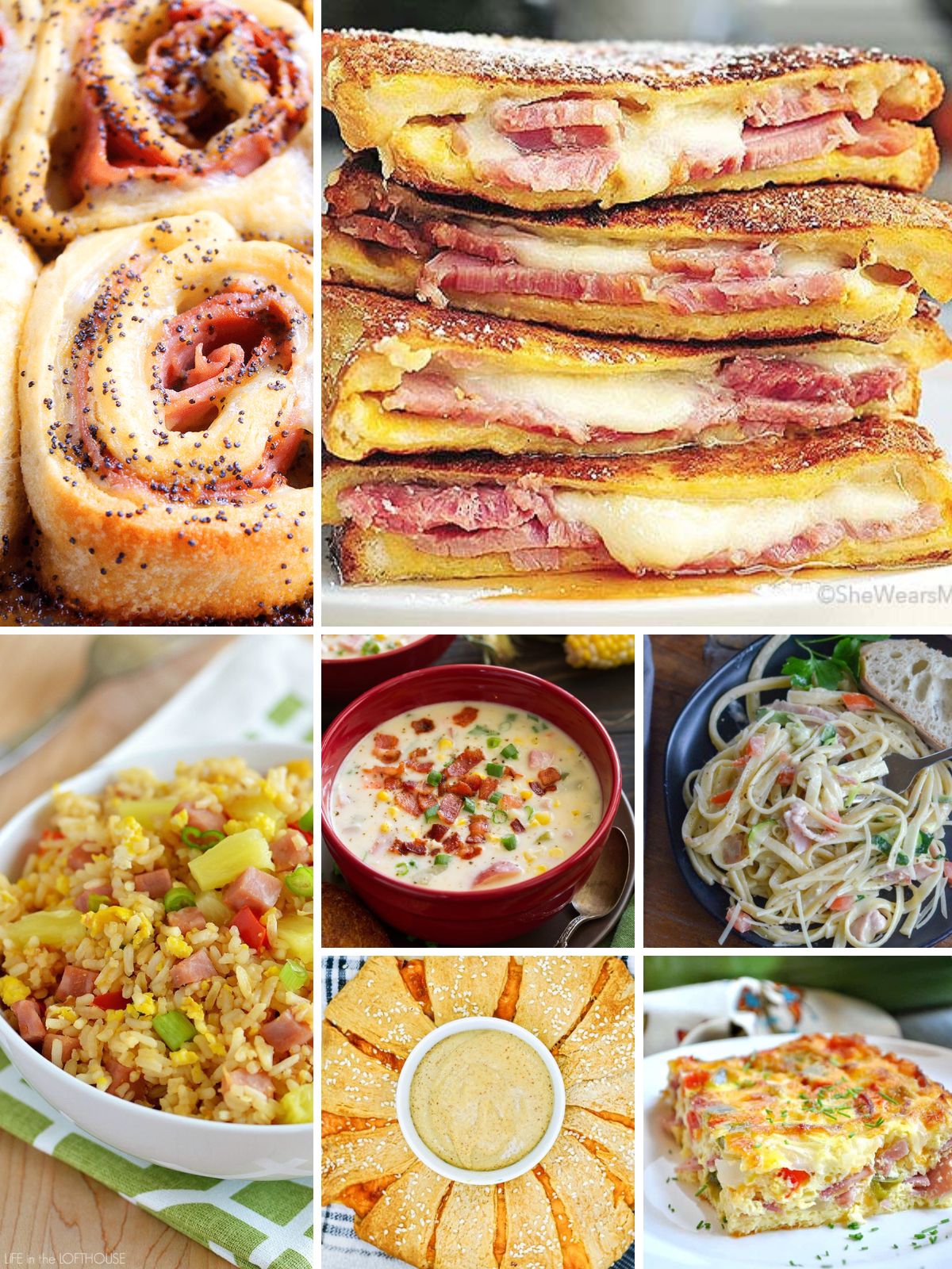 7 recipes that use leftover holiday ham to use for dinner.