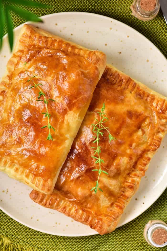 chicken pot pie in puff pastry pockets.
