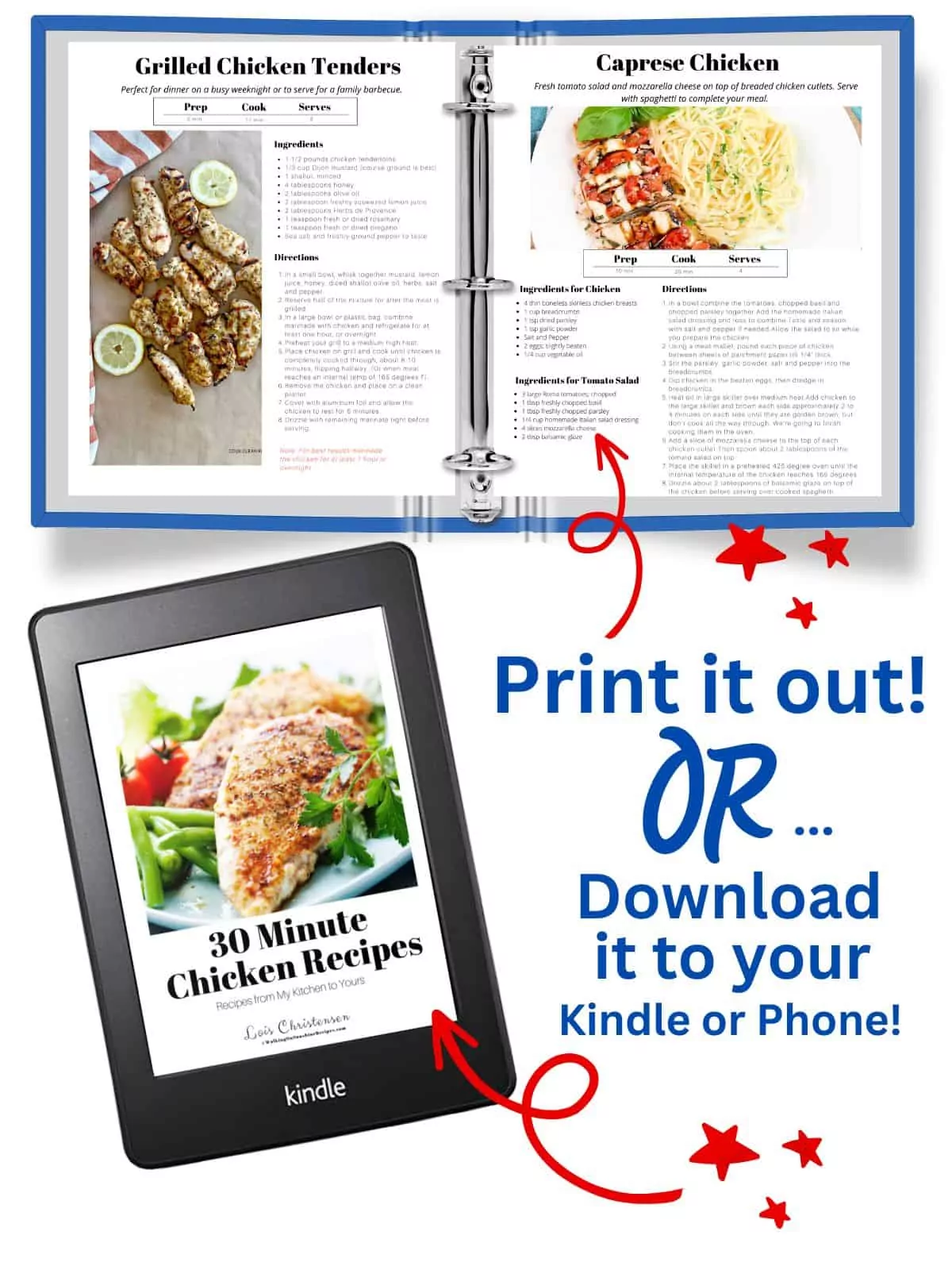 chicken ebook binder sample pages with Kindle photo.