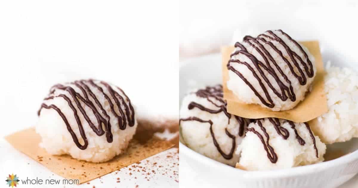 coconut balls with chocolate drizzle on top of parchment paper.
