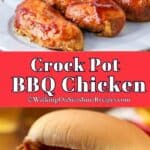 Chicken breasts on platter with crock pot and one pulled chicken barbecue sandwich Pinterest pin.