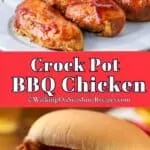 Chicken breasts on platter with crock pot and one pulled chicken barbecue sandwich Pinterest pin.