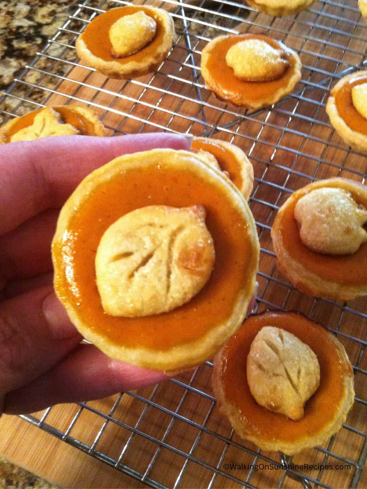 closeup of mini pumpkin pies with pie crust dough shape.