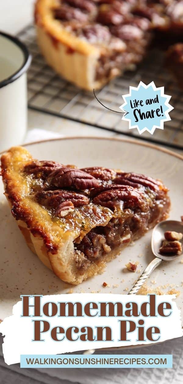 Homemade Pecan Pie slice on plate Pinterest photo.