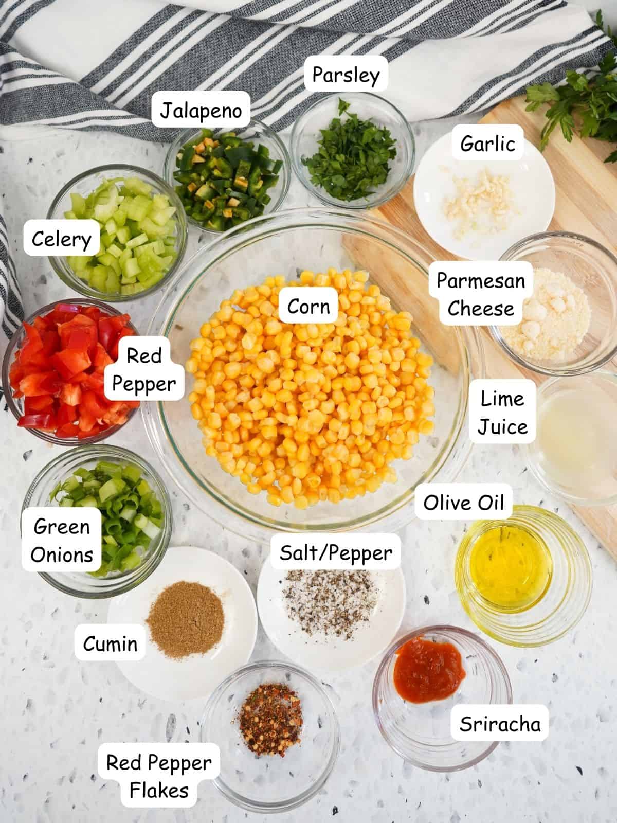 Ingredients for corn fiesta salad in bowls.