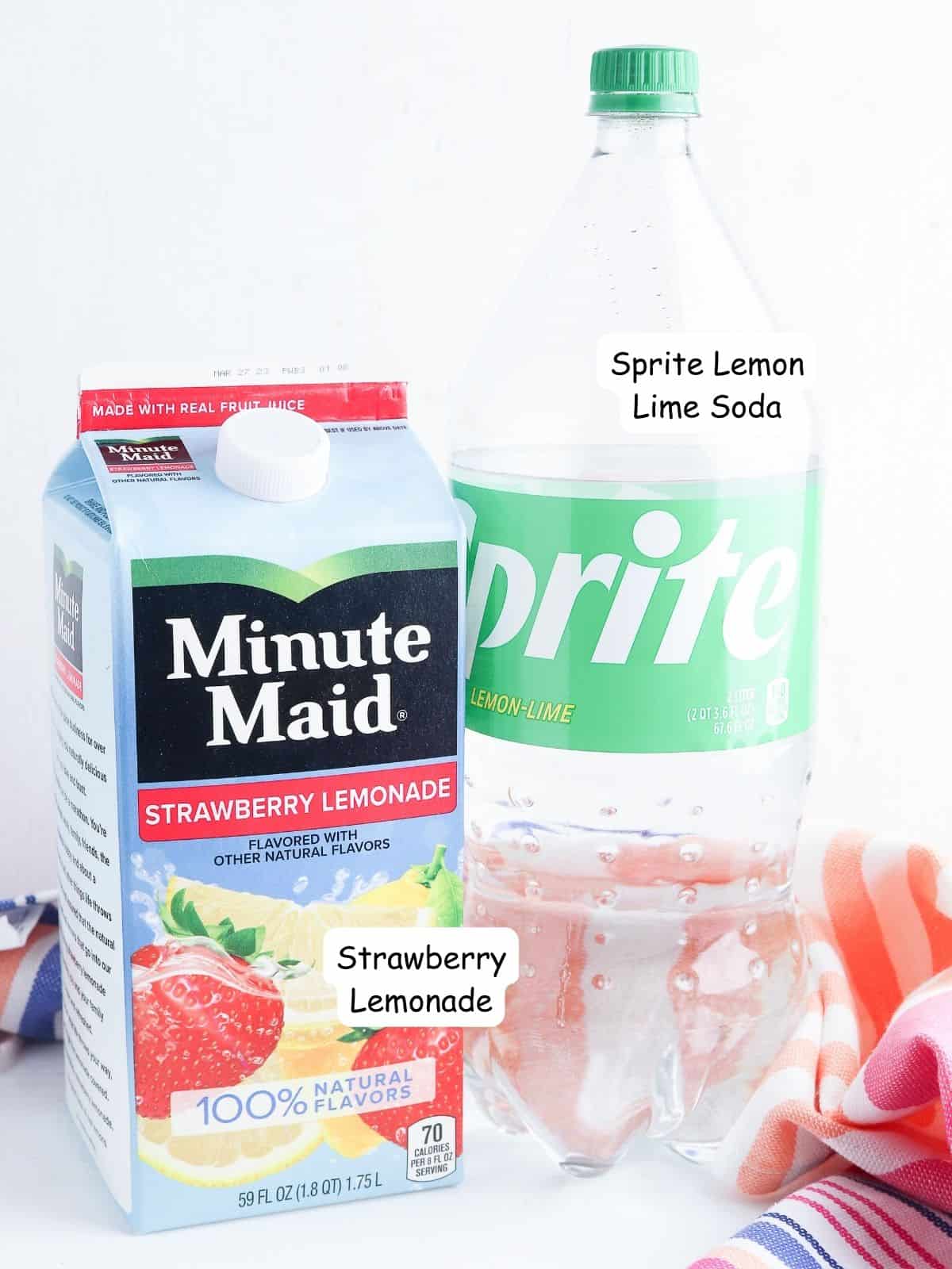 ingredients container of strawberry lemonade and bottle of Sprite soda.