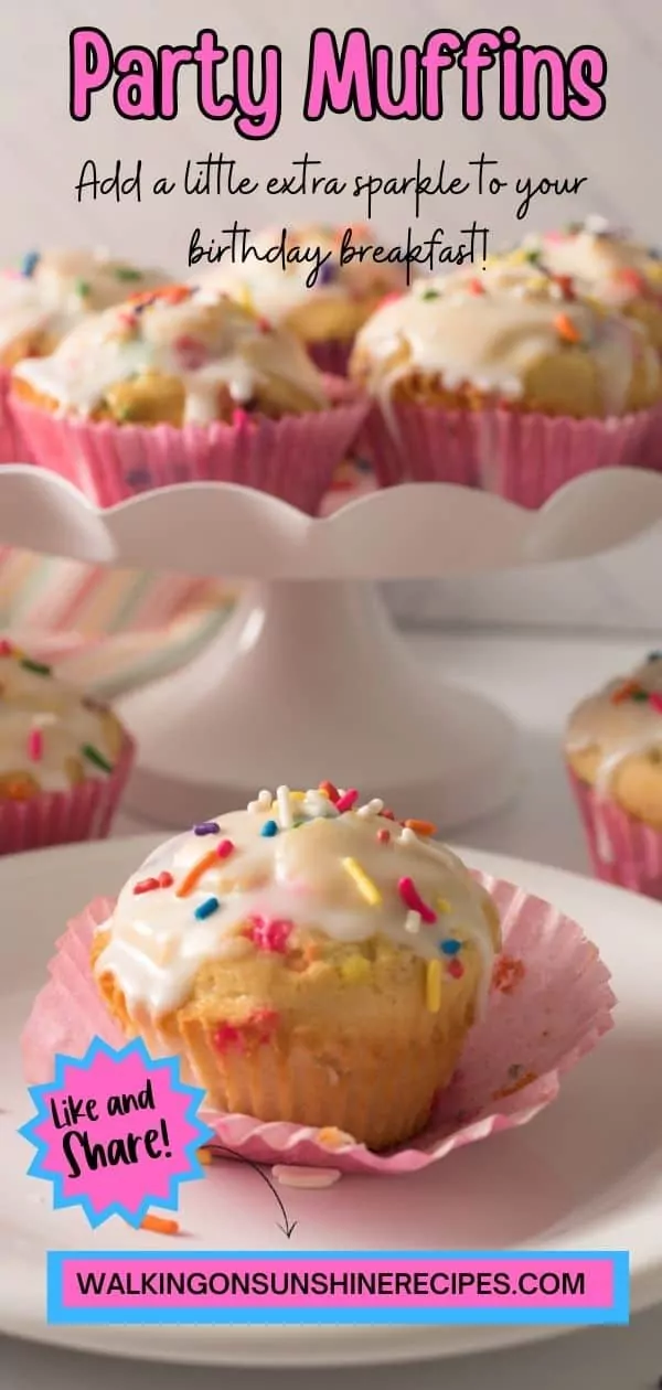 muffins with powdered sugar glaze and rainbow sprinkles on dessert plate and on individual plate.