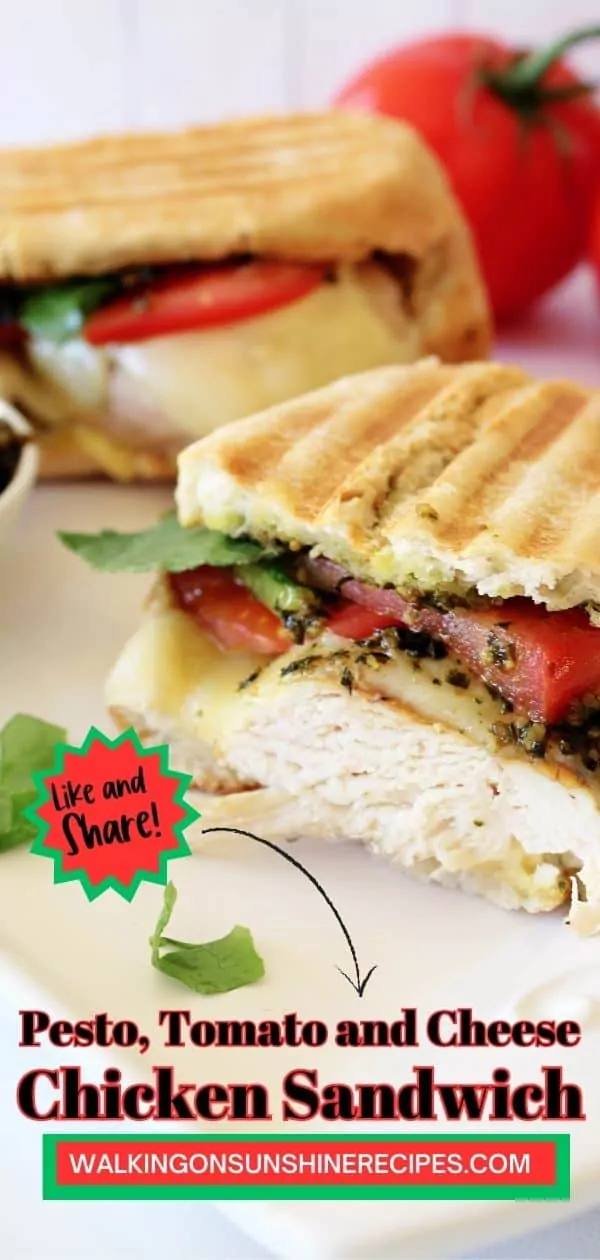 Grilled sandwich with chicken cutlet, pesto sauce, tomato and cheese Pinterest photo.