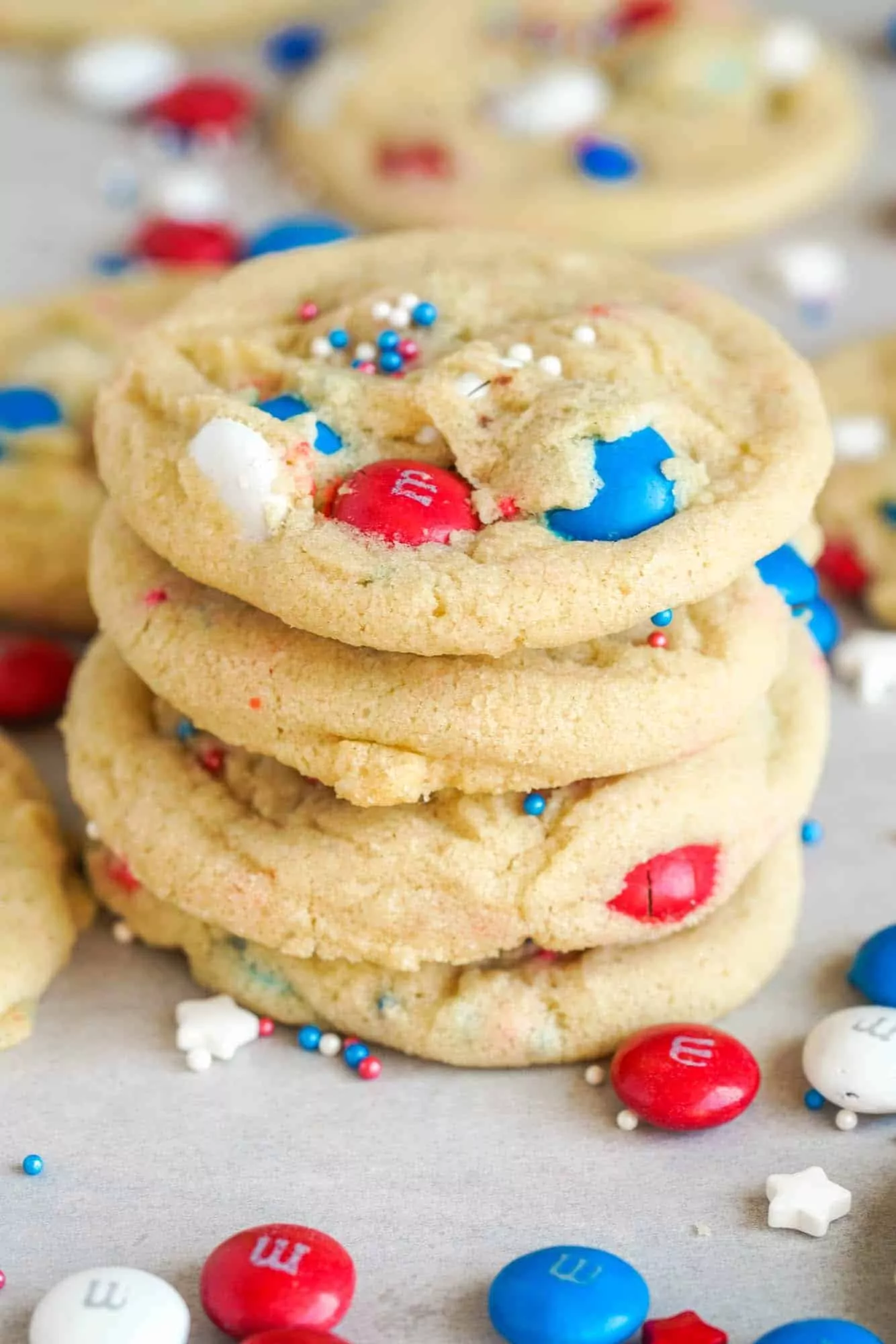 cookies with red, white and blue M&M and sprinkles.