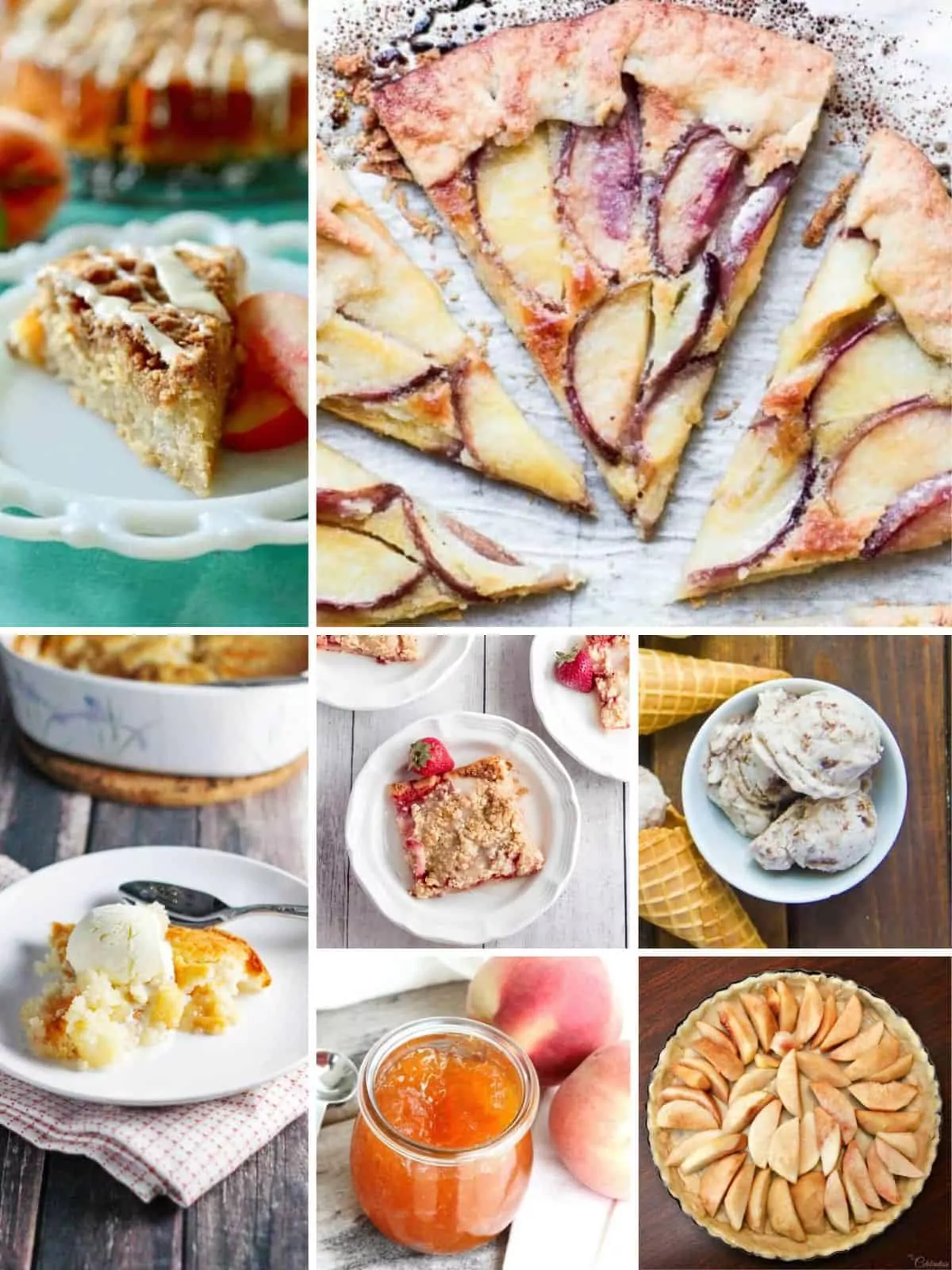 A collection of 7 different recipes all made with white peaches.