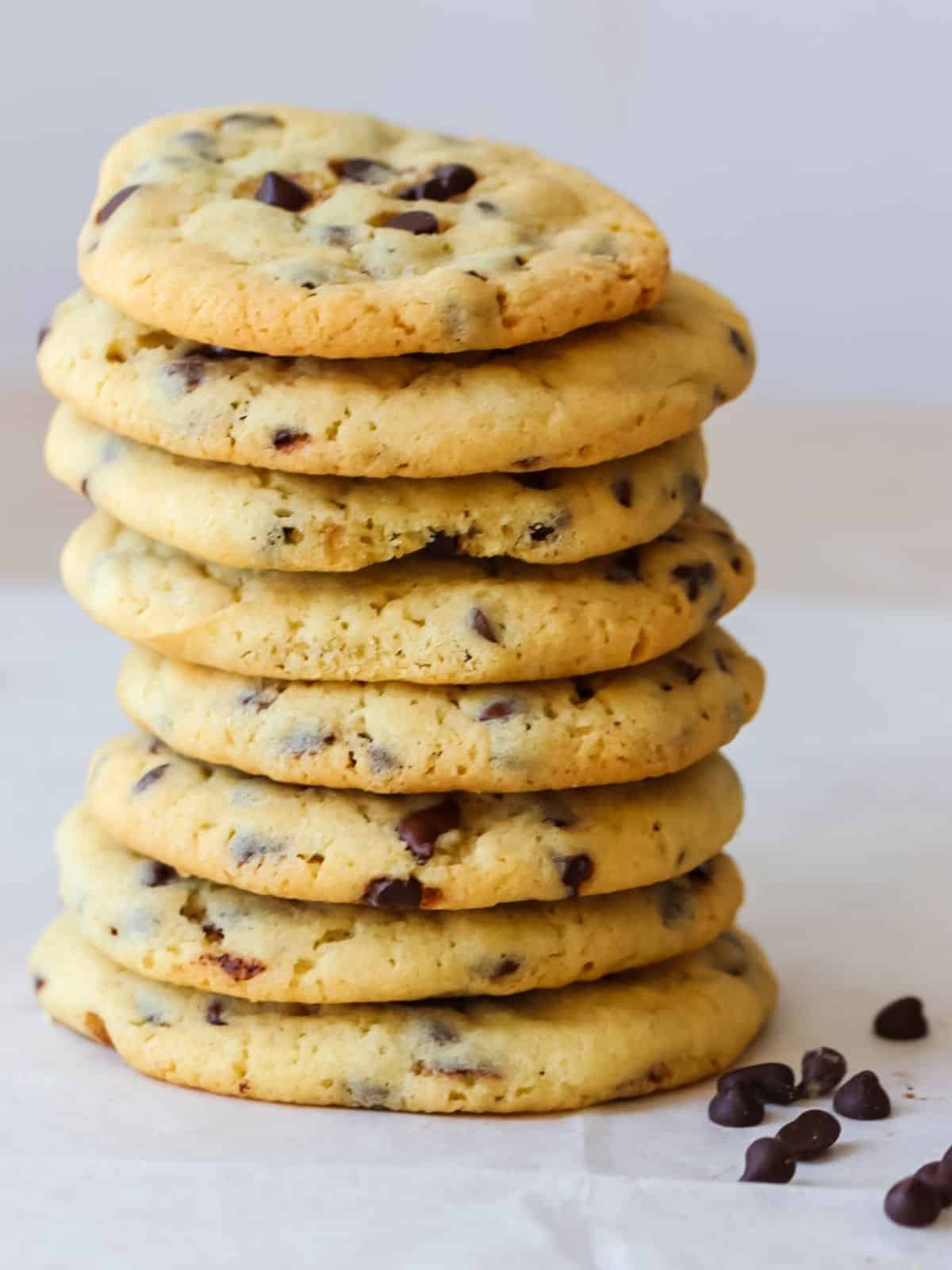 chocolate chip cookies stacked.