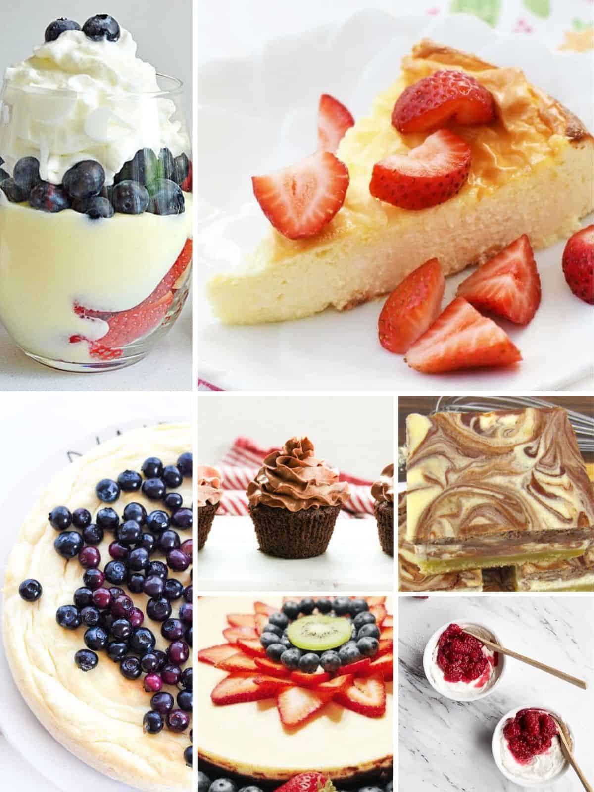 A collection of desserts with low sugar or no sugar for diabetics.