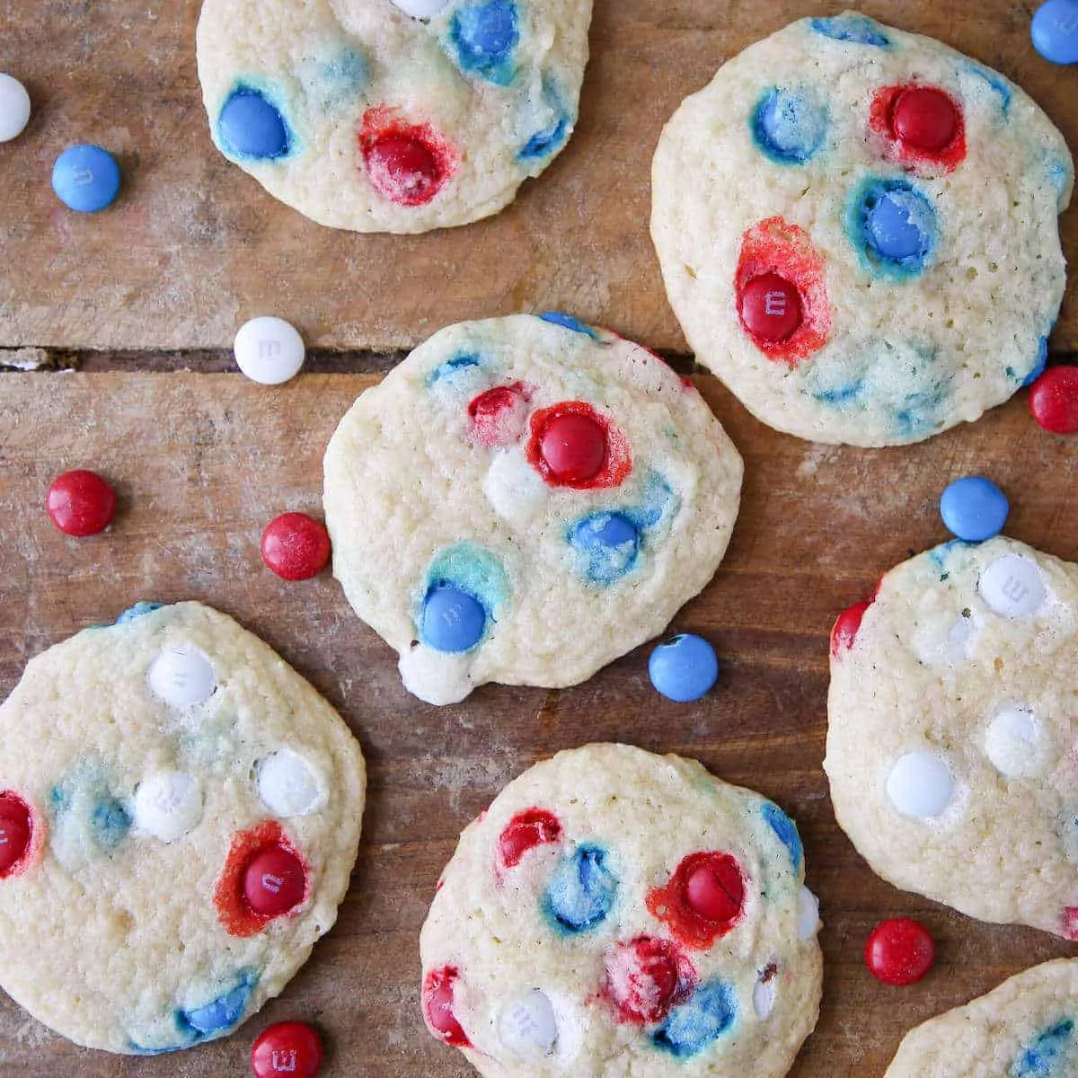 white cookies with red, white and blue M&Ms.