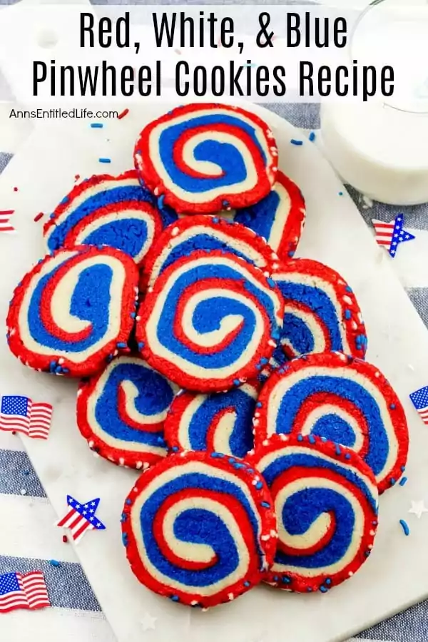 red, white and blue pinwheel cookies.