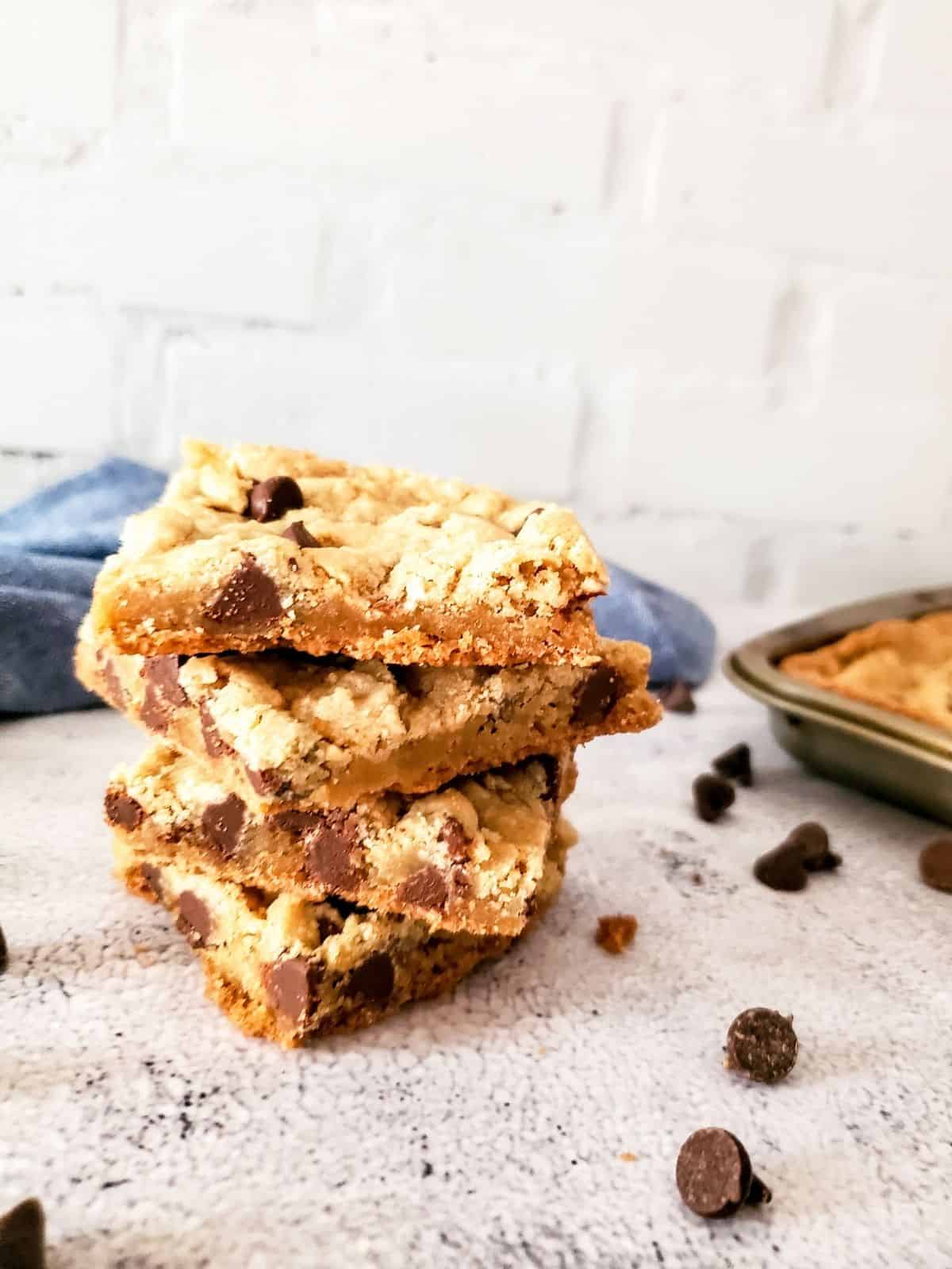 stacked bar cookies with chocolate chips.