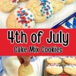 Pinterest photo 4th of July cake mix cookies with melted chocolate and sprinkles.