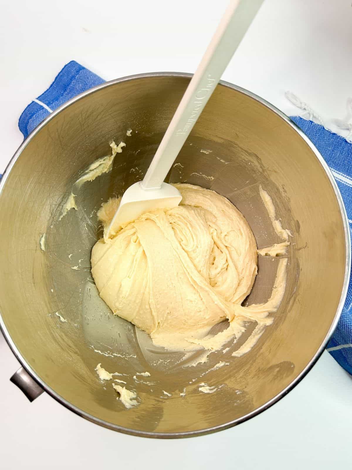 Cake mix batter in a mixing bowl